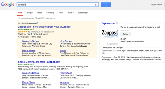 Zappos Google Result 2013