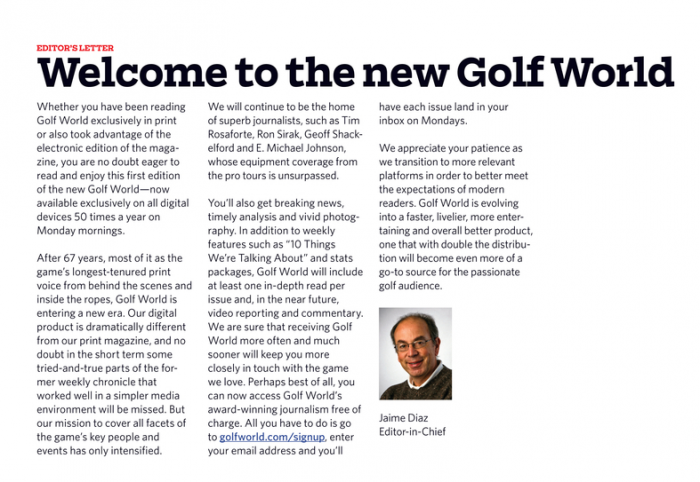 Golf World Editor Letter